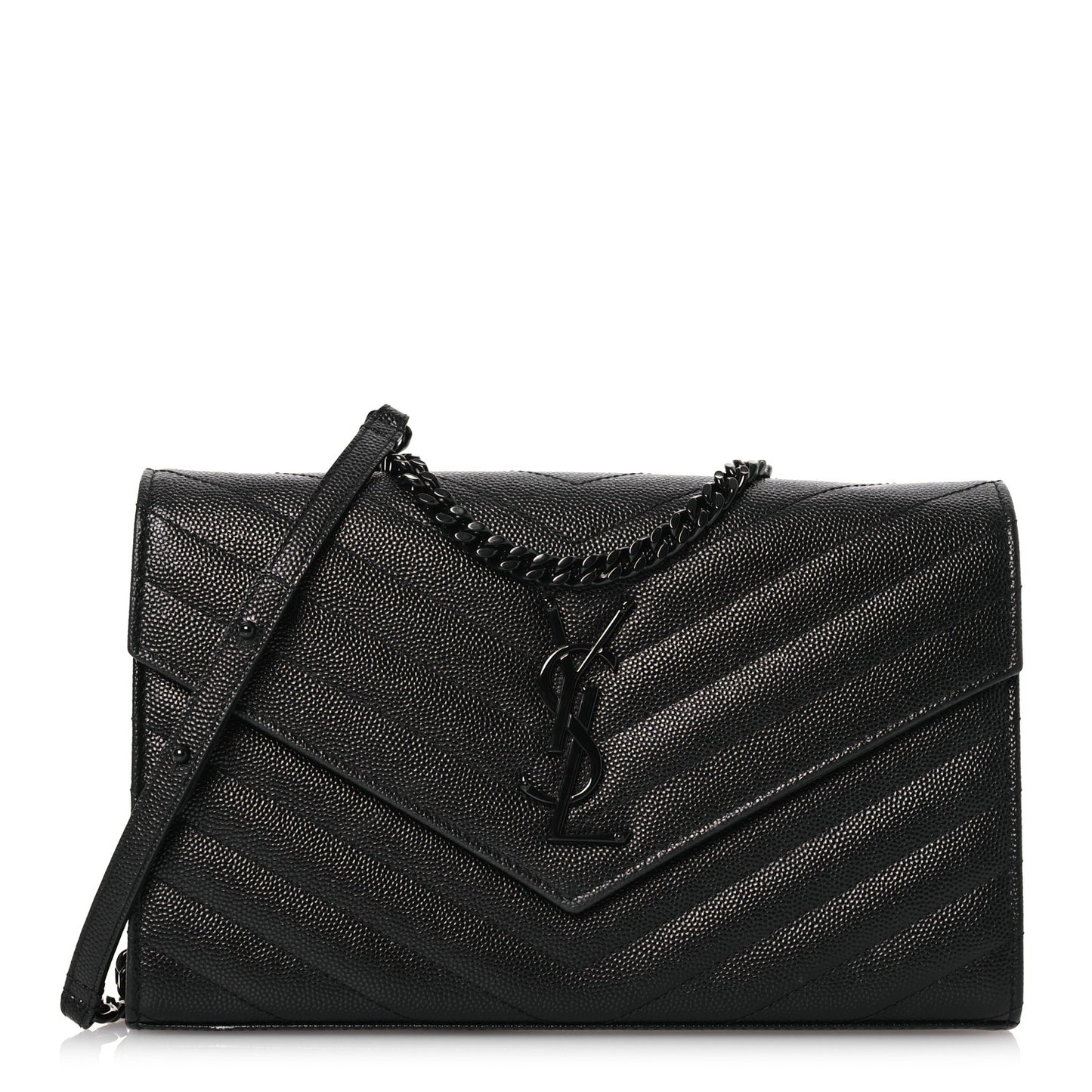 Grain De Poudre Matelasse Chevron Monogram Monochrome Envelope Chain Wallet Black