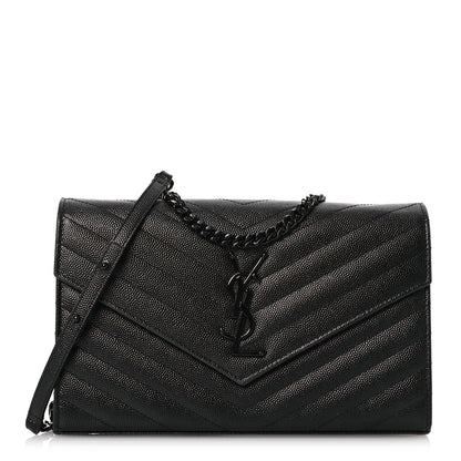 Saint Laurent Grain De Poudre Matelasse Chevron Monogram Monochrome Envelope Chain Wallet Black 1 of 15