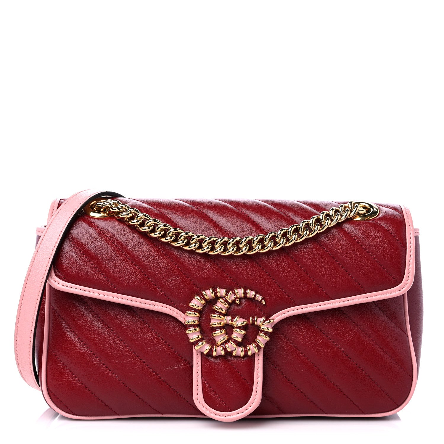 Gucci Azalea Calfskin Enamel Matelasse Diagonal Small Torchon GG Marmont Shoulder Bag New Cherry Red Wild Rose 1 of 9