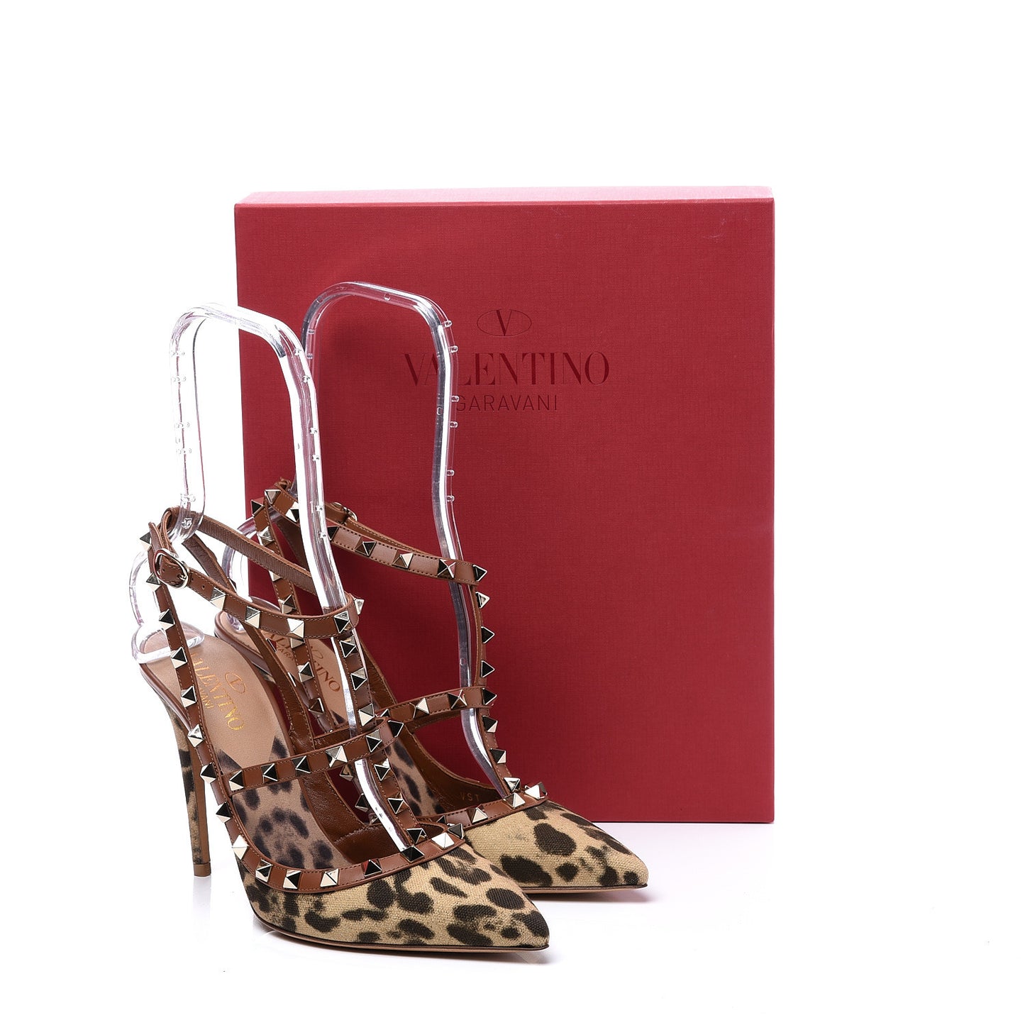 Canvas Leopard Print Rockstud Ankle Strap 100mm Pumps 39 Brown