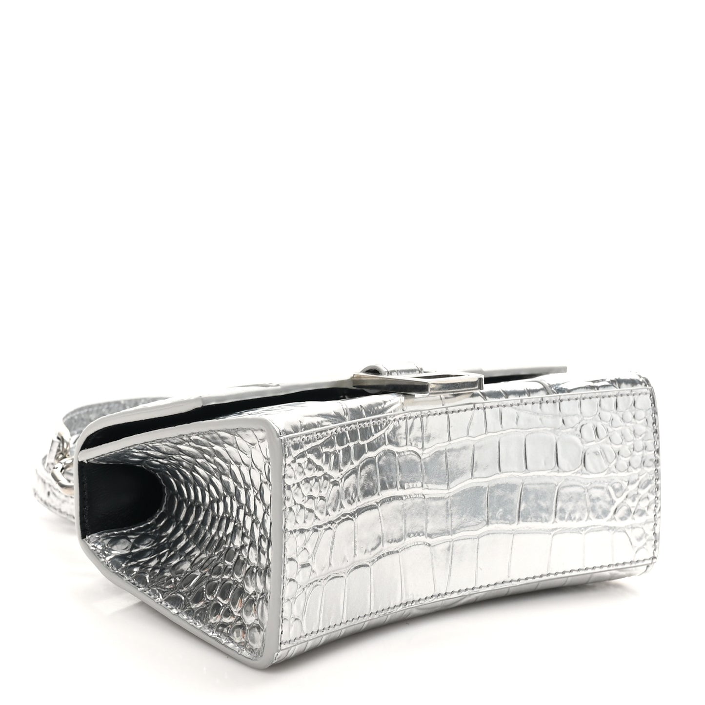 Metallic Calfskin Crocodile Embossed Hourglass Top Handle Bag XS Silver