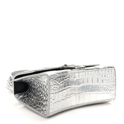Balenciaga Metallic Calfskin Crocodile Embossed Hourglass Top Handle Bag XS Silver 4 of 10