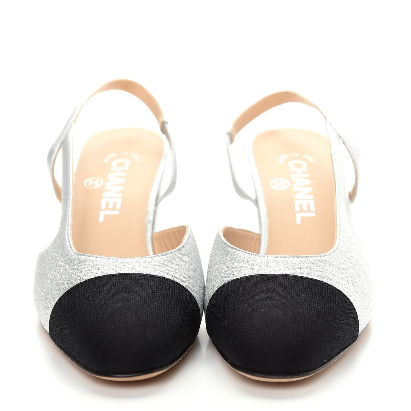 Metallic Lambskin Grosgrain Cap Toe CC Slingback Sandals 38 Black Silver