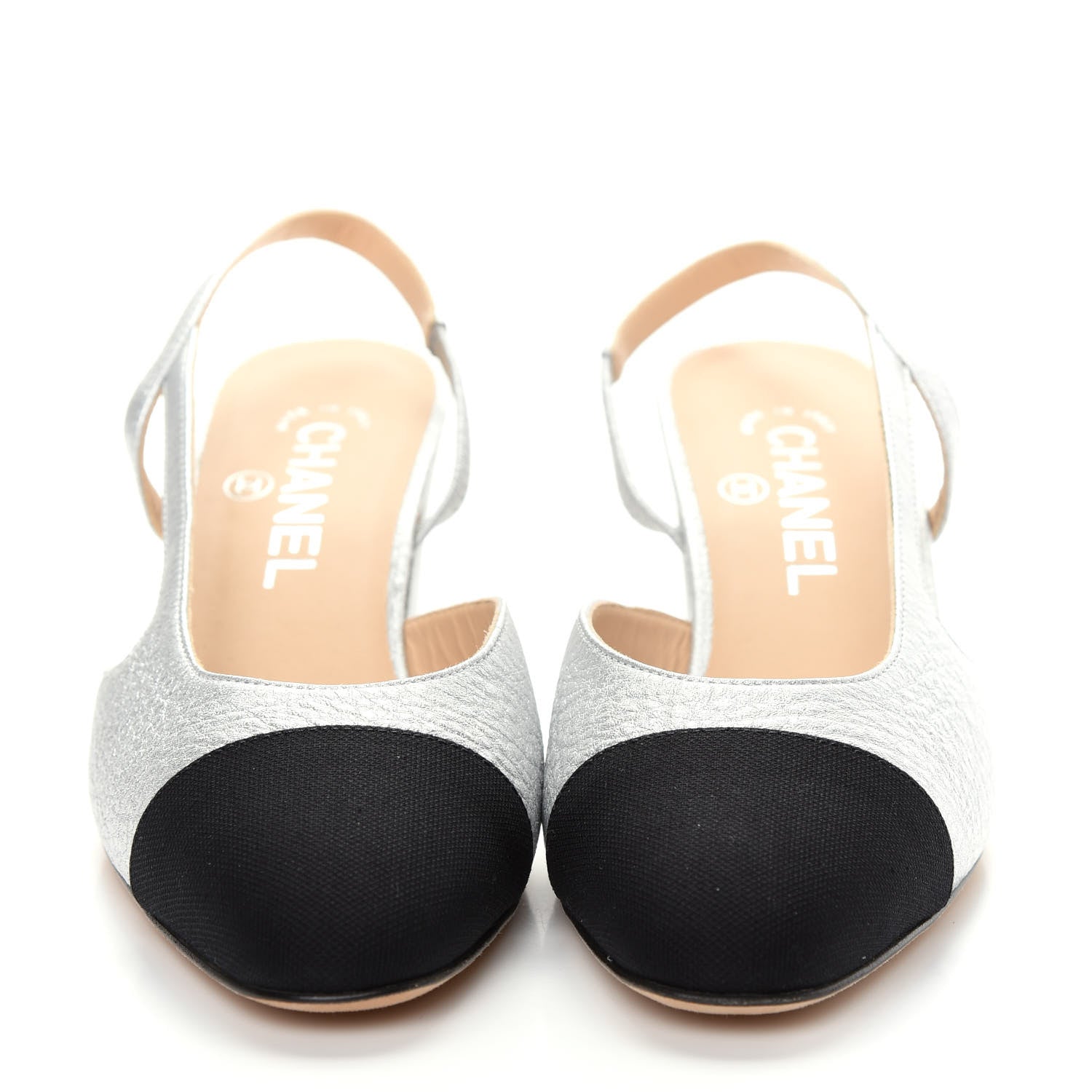 Chanel Metallic Lambskin Grosgrain Cap Toe CC Slingback Sandals 38 Black Silver 2 of 11