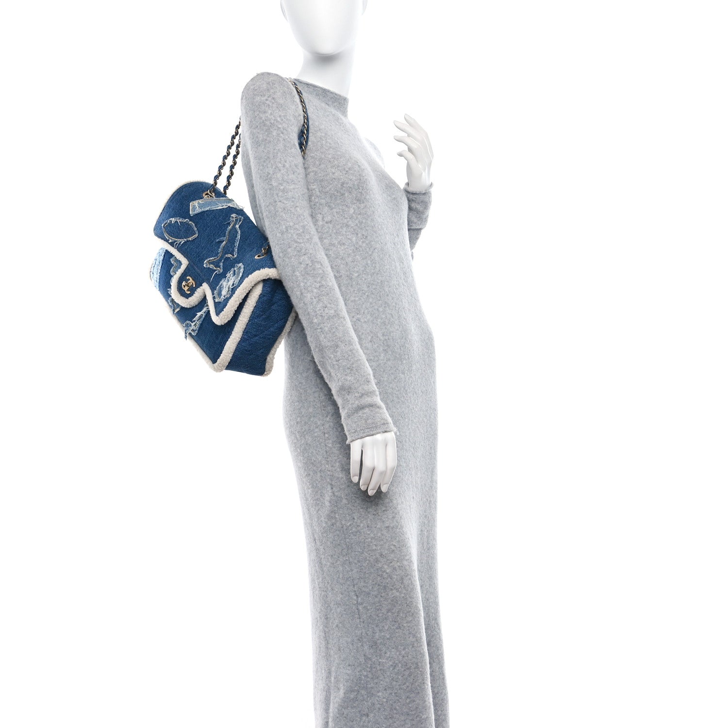 Chanel Denim Shearling Hieroglyph Flap Blue 3 of 9