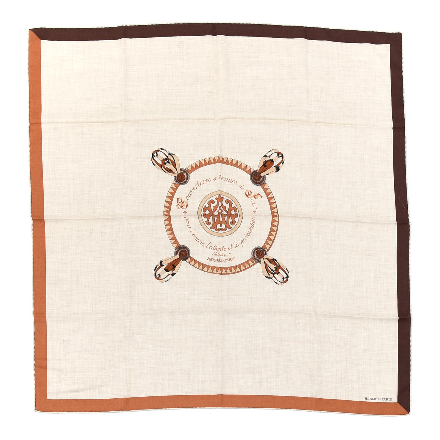 Cashmere Silk Encadre Blason Scarf 90 Naturel Chocolat Caramel