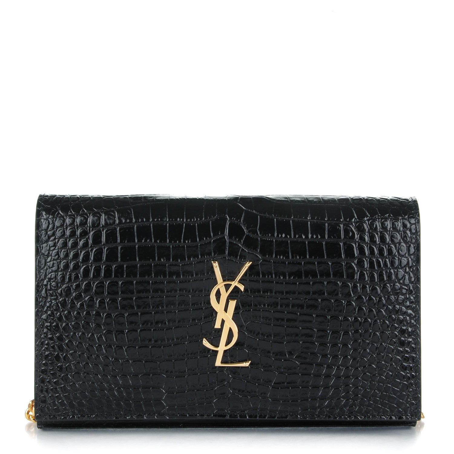 Saint Laurent Calfskin Crocodile Embossed Monogram Chain Wallet Nero Black 1 of 7