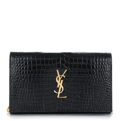 Saint Laurent Calfskin Crocodile Embossed Monogram Chain Wallet Nero Black 1 of 7