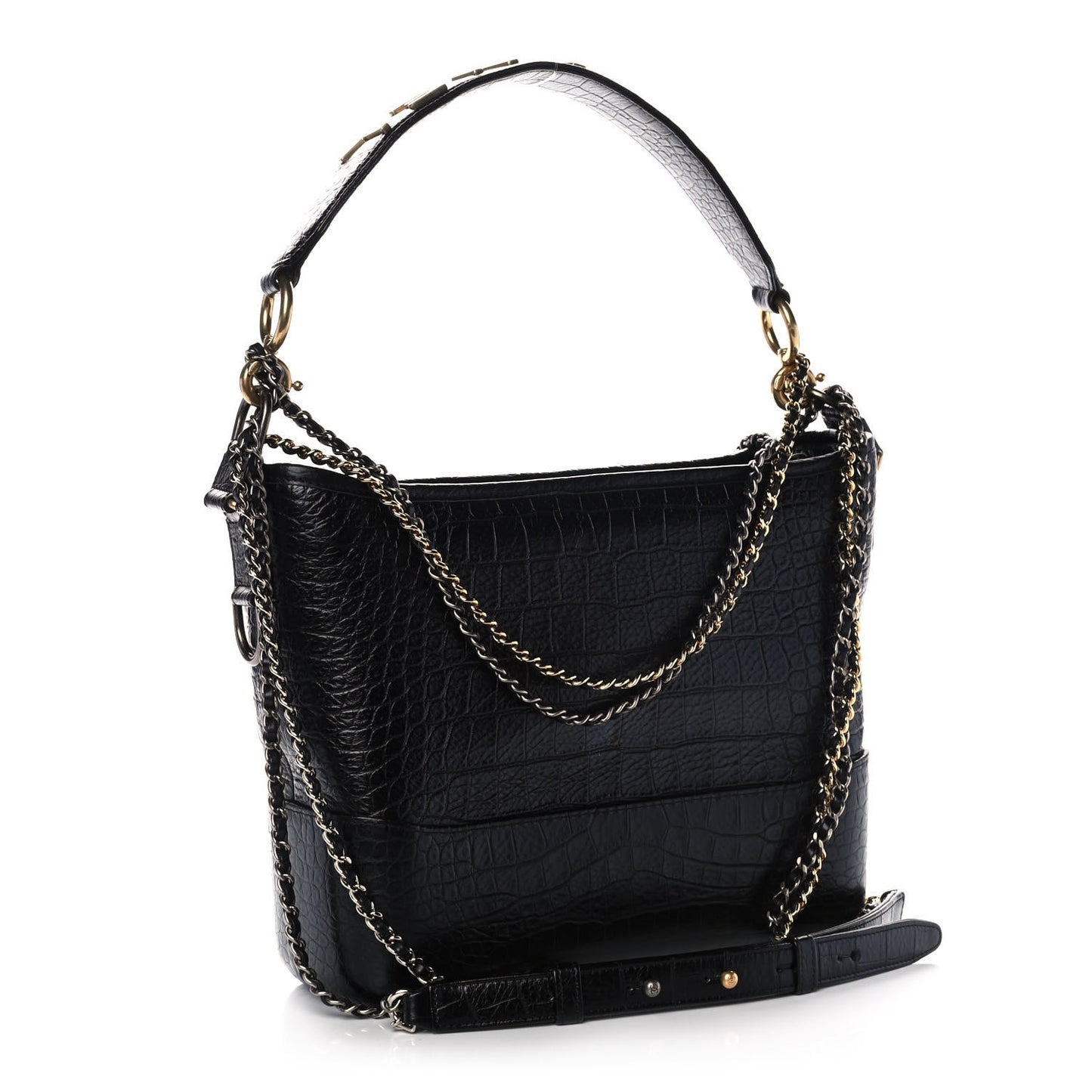 Crocodile Embossed Calfskin Medium Gabrielle Cocodile Hobo Black