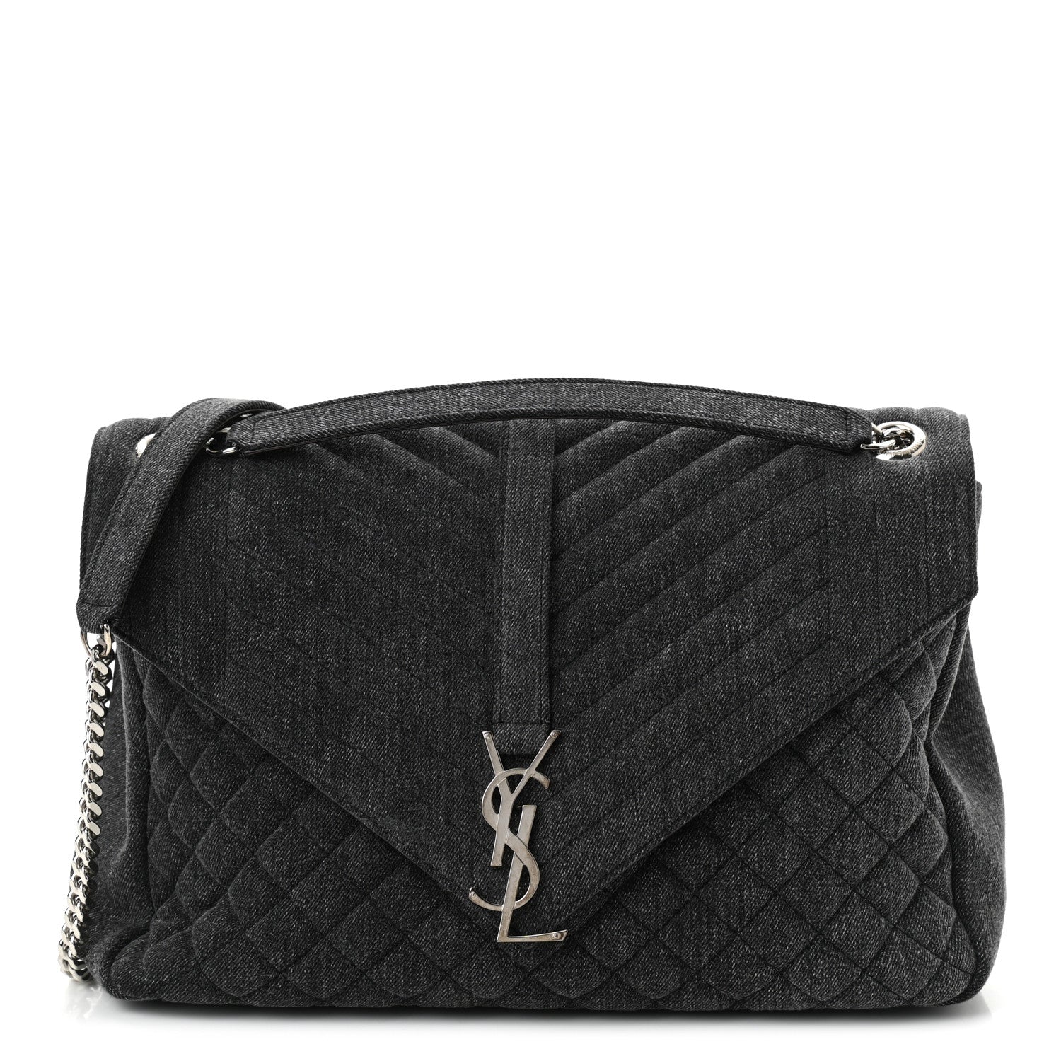 Saint Laurent Denim Mixed Matelasse Triquilt Large Monogram Envelope Satchel Black 1 of 10