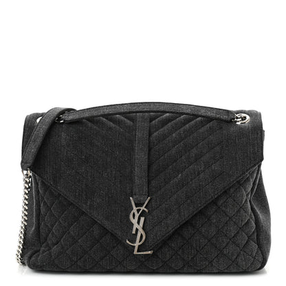 Saint Laurent Denim Mixed Matelasse Triquilt Large Monogram Envelope Satchel Black 1 of 10