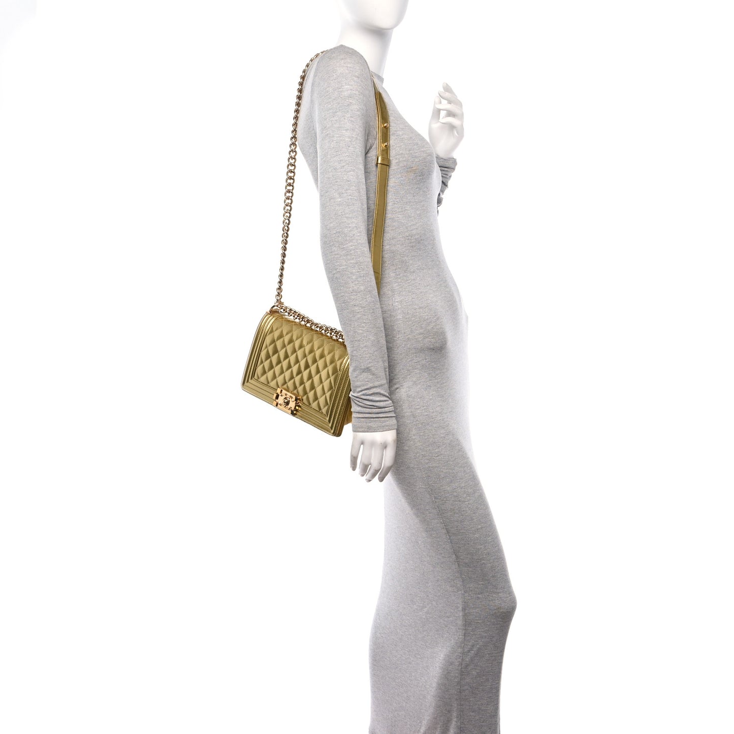 Metallic Patent Calfskin Quilted Medium Boy Flap Gold