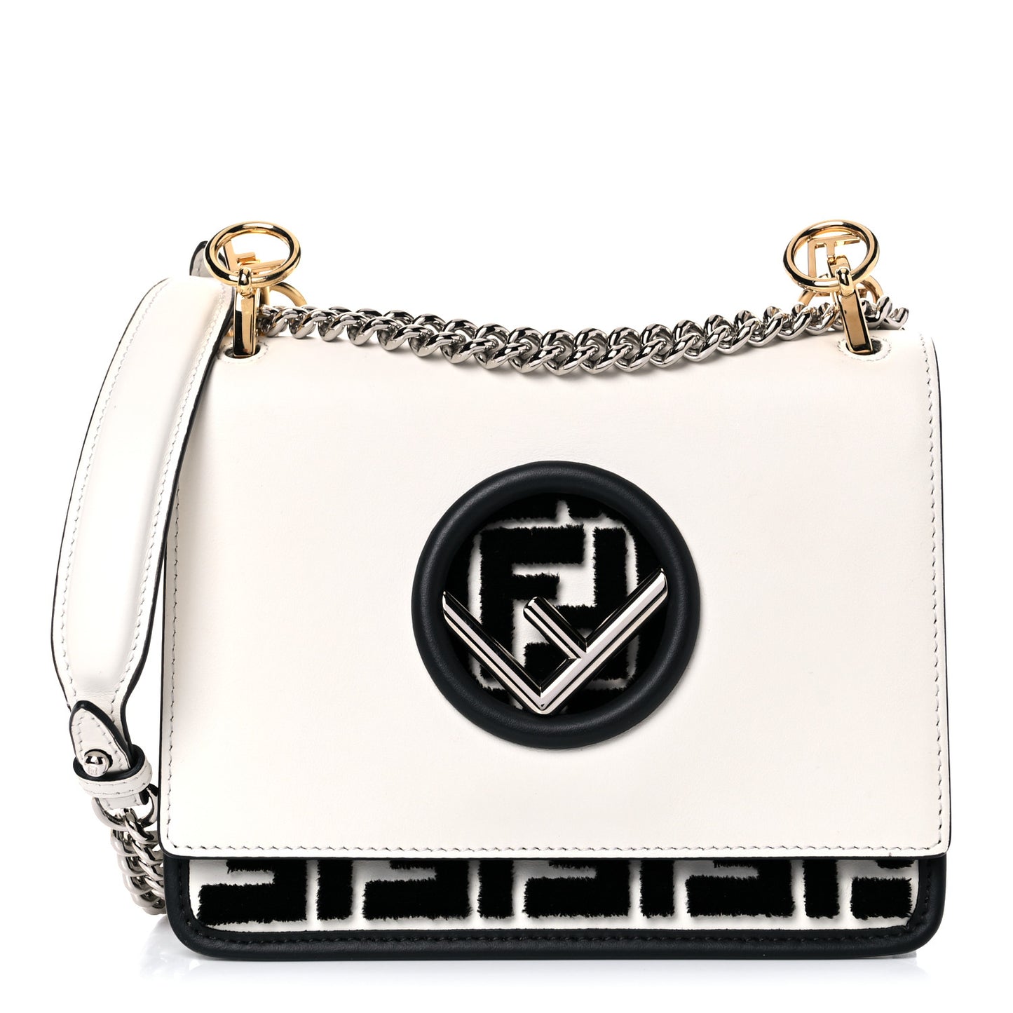 Vitello Century Velvet F is Fendi FF Embroidered Small Kan I Shoulder Bag White Black