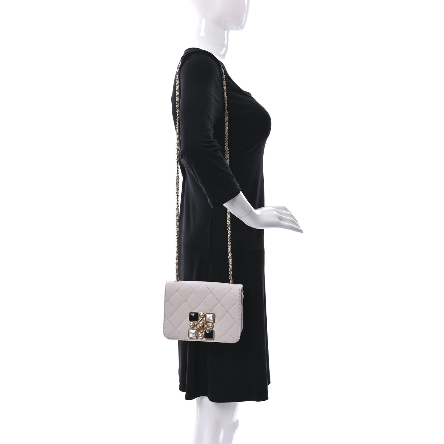 Calfskin Quilted Crystal Pearl Small Flap Bag White
