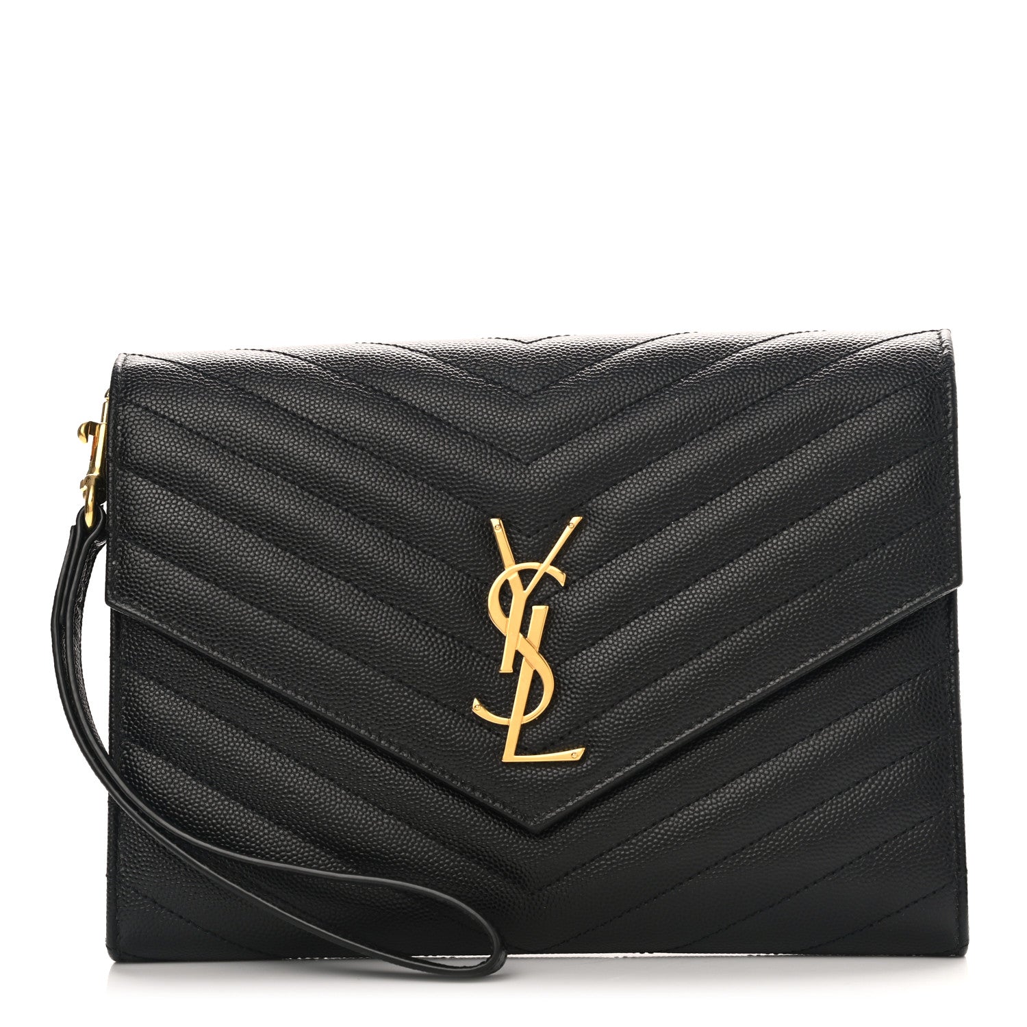 Saint Laurent Grain De Poudre Matelasse Chevron Monogram Envelope Clutch Black 1 of 7