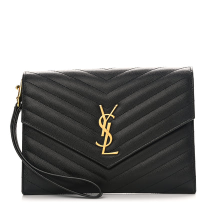 Saint Laurent Grain De Poudre Matelasse Chevron Monogram Envelope Clutch Black 1 of 7
