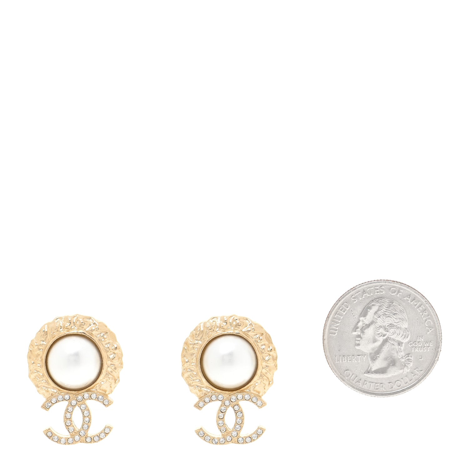 Chanel Crystal Pearl Textured CC Round Drop Earrings Gold 2 of 6