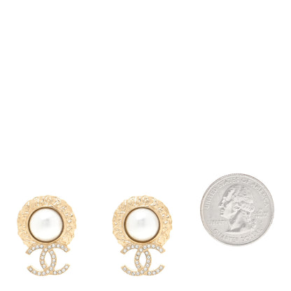 Chanel Crystal Pearl Textured CC Round Drop Earrings Gold 2 of 6