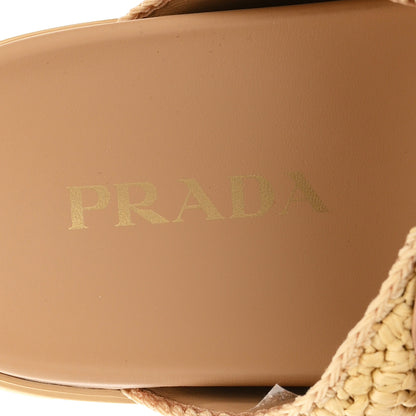 Prada Raffia Calfskin Crochet Metal Triangle Logo Womens Double Buckle 20mm Slide Sandals 38 Naturale 8 of 10