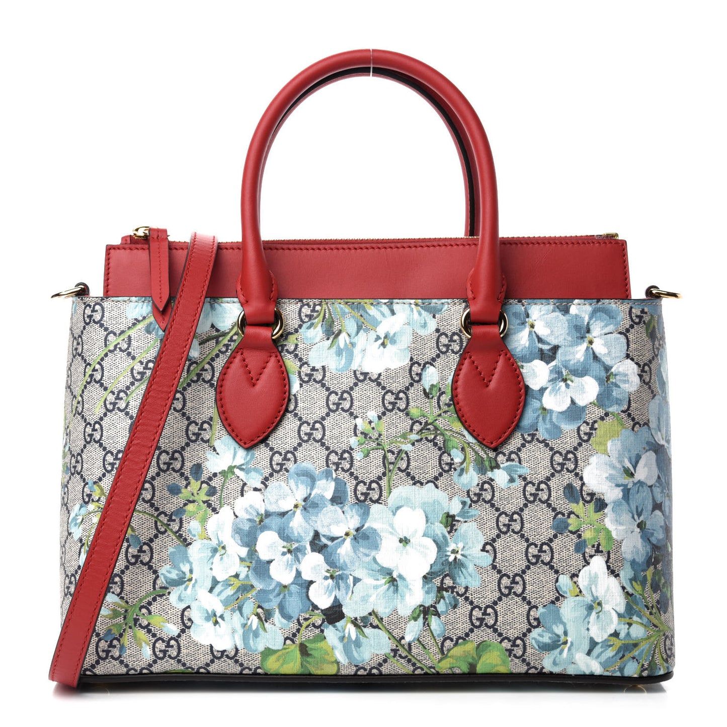 GG Supreme Monogram Blooms Medium Zip Top Tote Beige Blue Navy Hibiscus Red