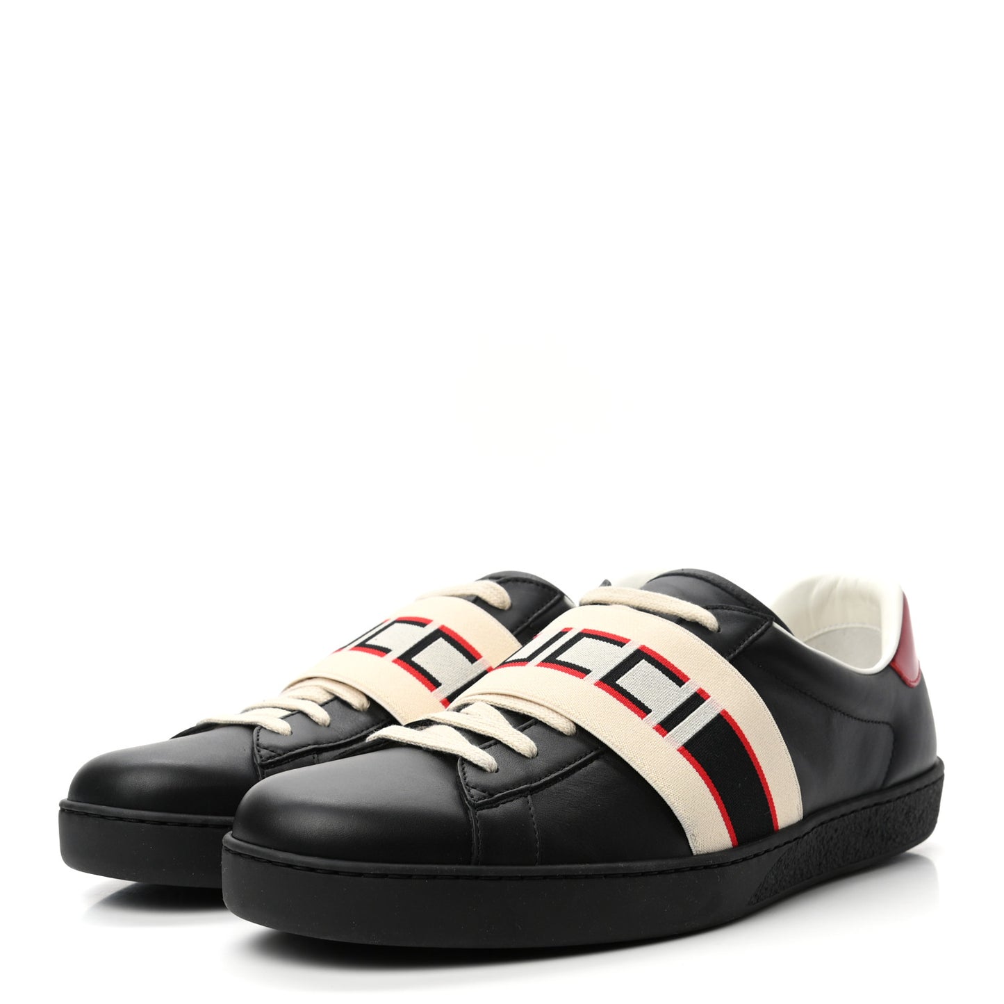 Calfskin Stripe Mens New Ace Sneakers 10 Black Ecru Red Flame
