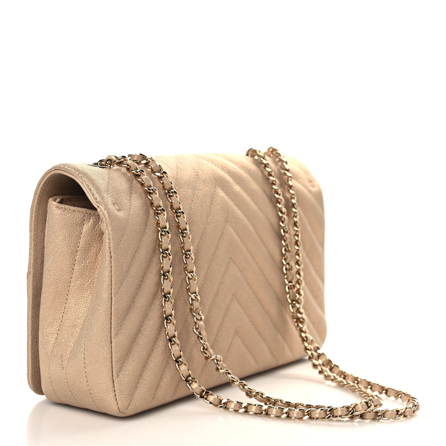 Chanel Metallic Caviar Chevron Quilted Medium Statement Flap Beige 3 of 7