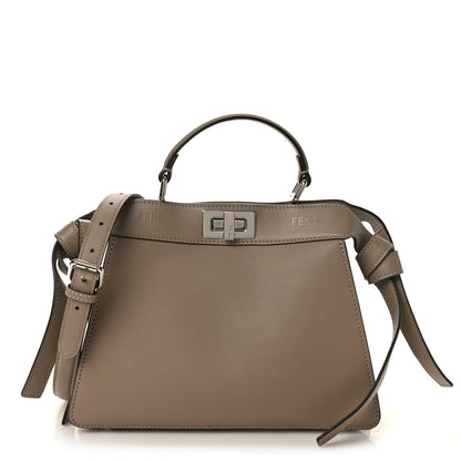 Fendi Vitello Seta Shiny Nappa Logo Embossed Laces Small Peekaboo I SEE U Satchel Tortora 1 of 12