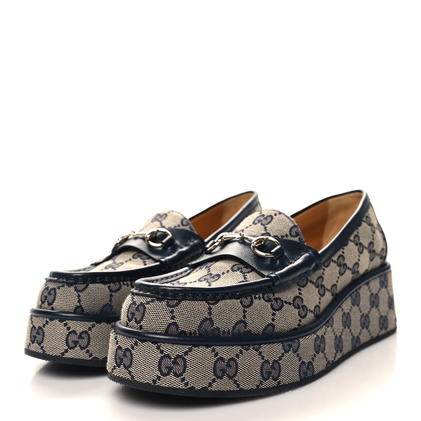 Monogram Horsebit Calfskin Womens Horsebit Wedge Platform Loafers 38.5 Beige Blue