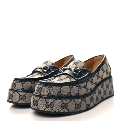 Gucci Monogram Horsebit Calfskin Womens Horsebit Wedge Platform Loafers 38.5 Beige Blue 3 of 9