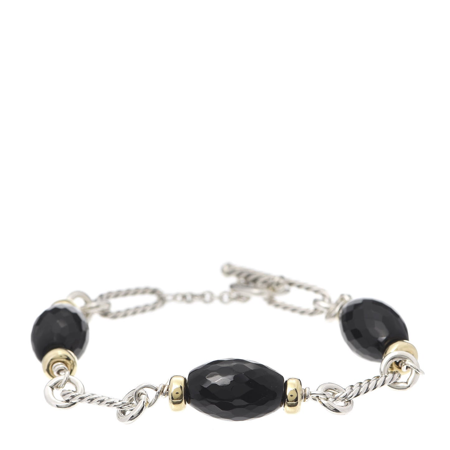 Sterling Silver 18K Yellow Gold Black Onyx Figaro Bracelet