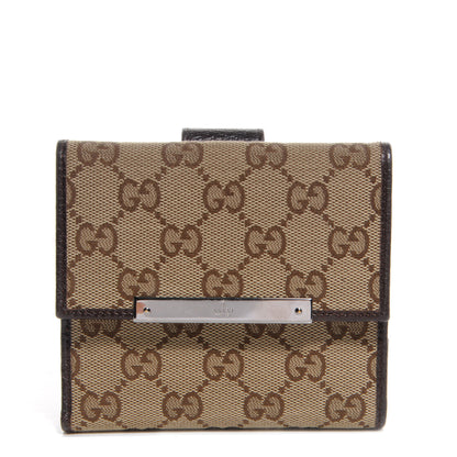 Gucci Monogram Metal Bar French Flap Wallet Beige Ebony Cocoa 1 of 8