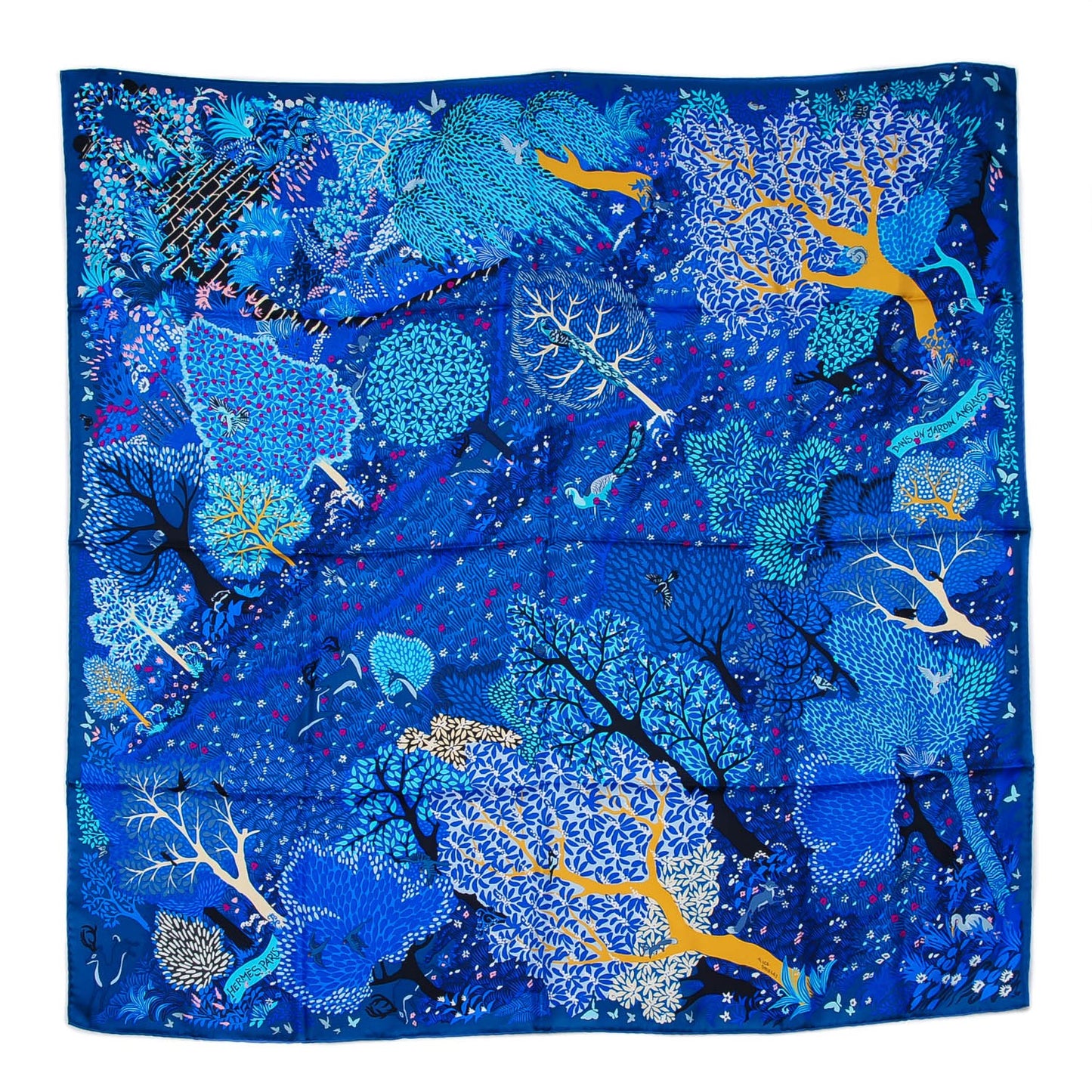 Silk Dans Un Jardin Anglais Scarf 90 Petrole Turquoise Cobalt
