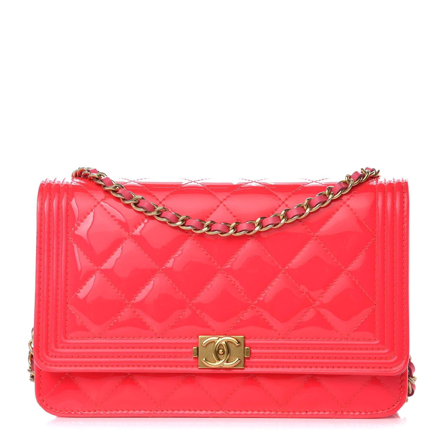 Chanel Patent Calfskin Quilted Boy Wallet On Chain WOC Pink 1 of 12