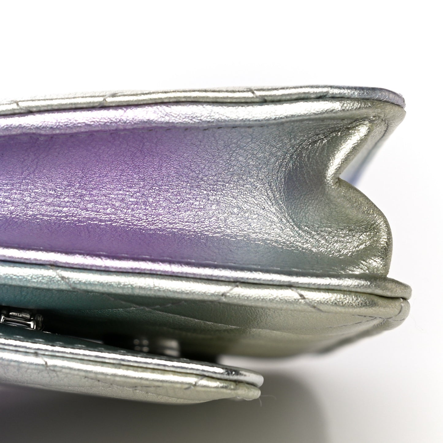 Gradient Metallic Calfskin Quilted Wallet On Chain WOC Silver Blue Yellow Purple