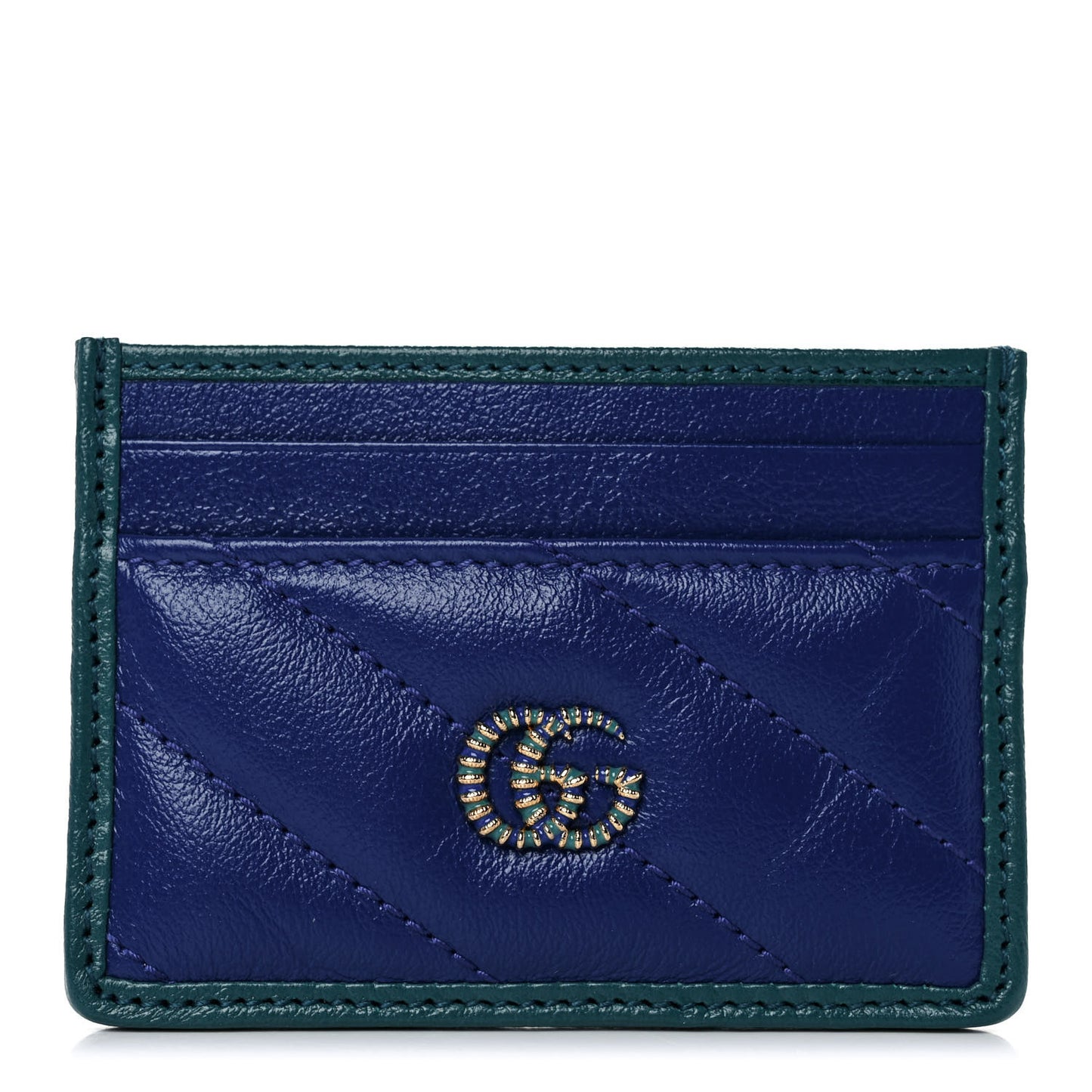Azalea Calfskin Matelasse Diagonal Enamel Torchon GG Marmont Card Holder Imperial Blue Pavone