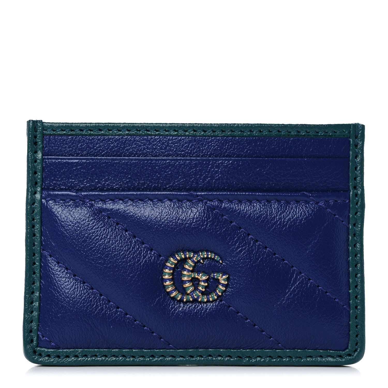 Gucci Azalea Calfskin Matelasse Diagonal Enamel Torchon GG Marmont Card Holder Imperial Blue Pavone 1 of 8