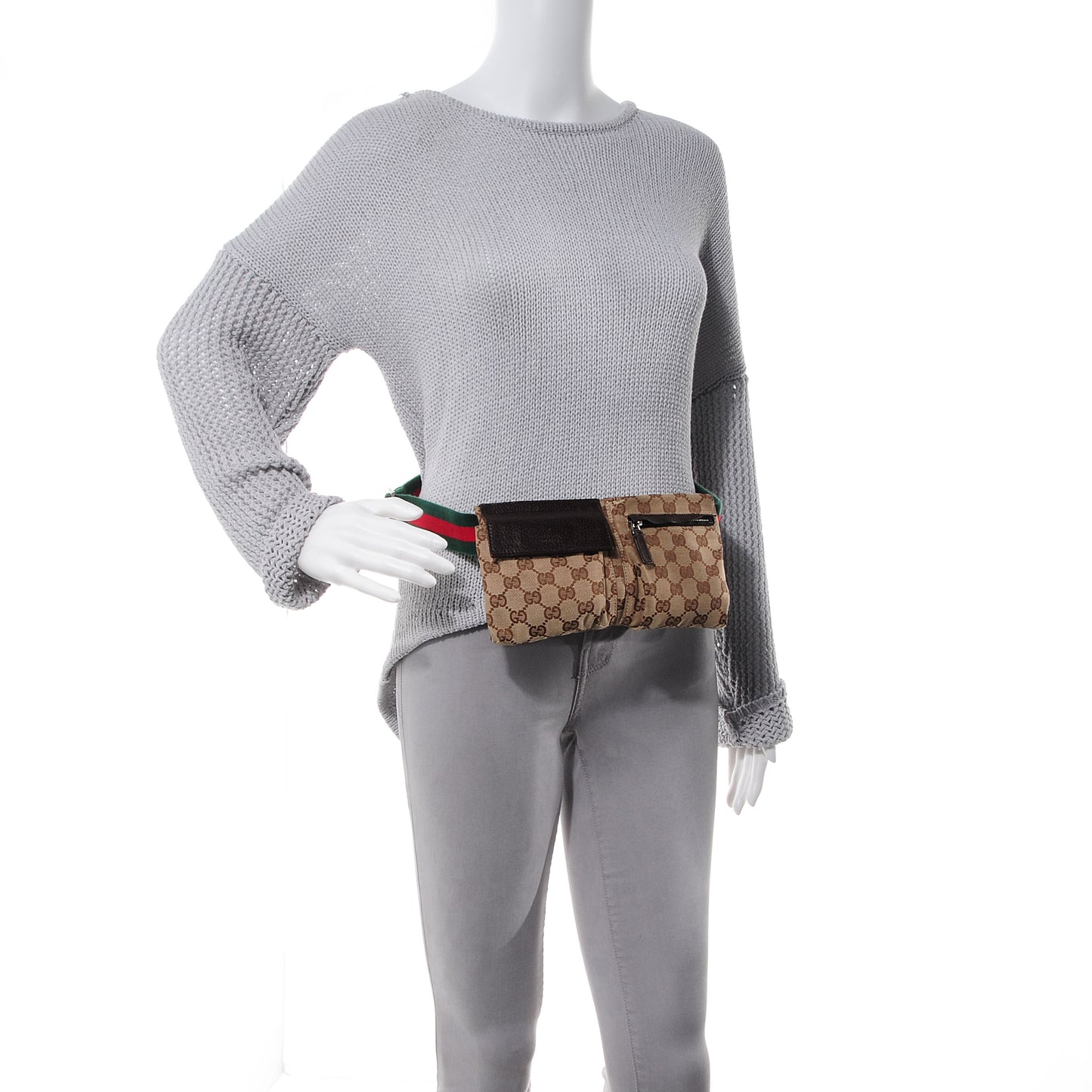GG Monogram Web Double Pocket Belt Bag Dark Brown