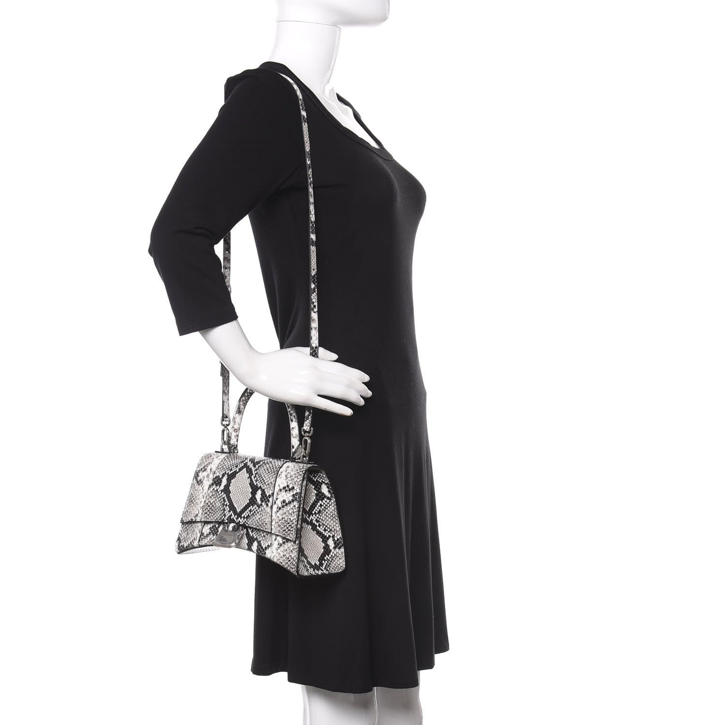 Shiny Calfskin Python Effect Small Hourglass Top Handle Bag Black White
