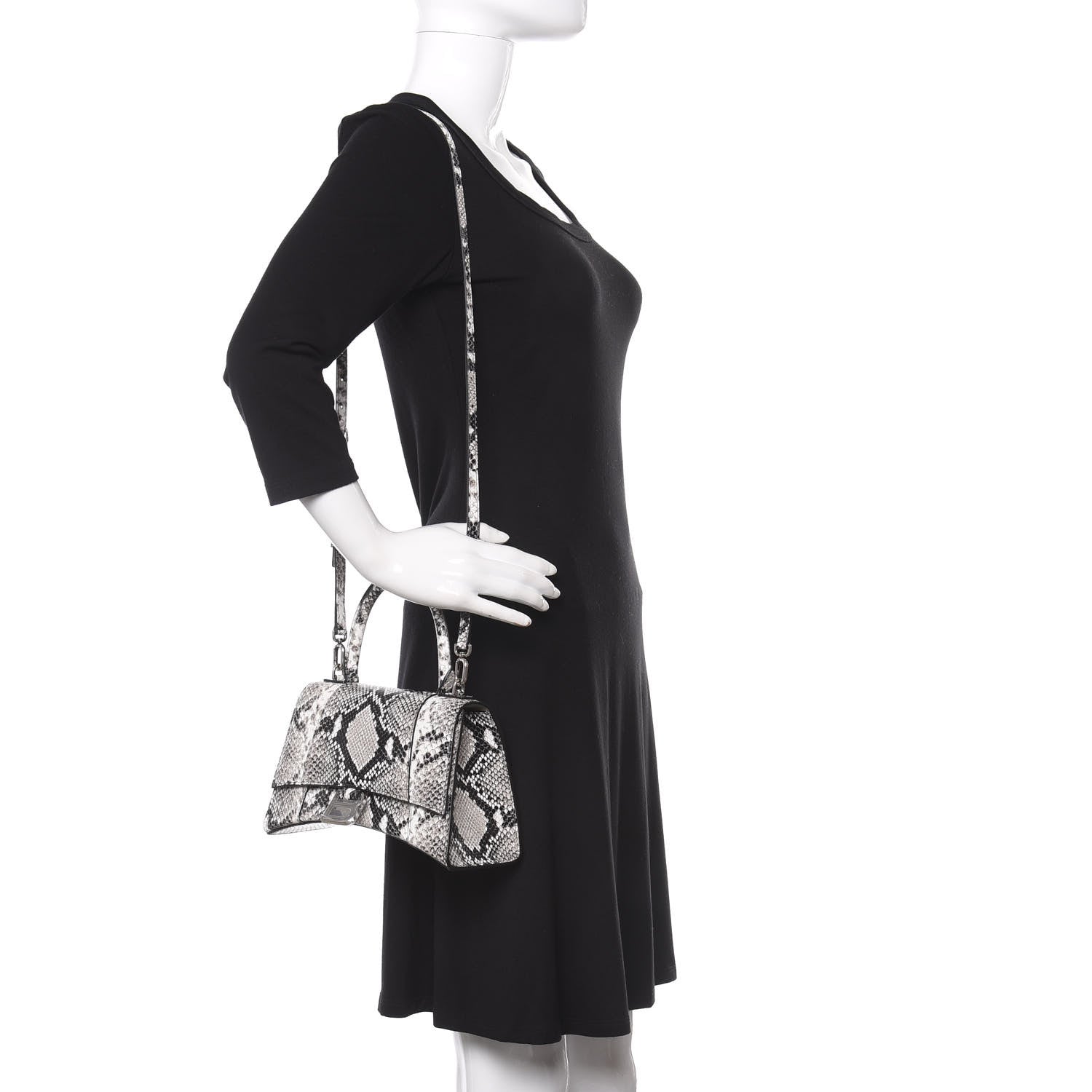 Balenciaga Shiny Calfskin Python Effect Small Hourglass Top Handle Bag Black White 2 of 8