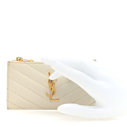 Saint Laurent Grain De Poudre Matelasse Chevron Monogram Fragments Zippered Card Case Crema Soft 2 of 8