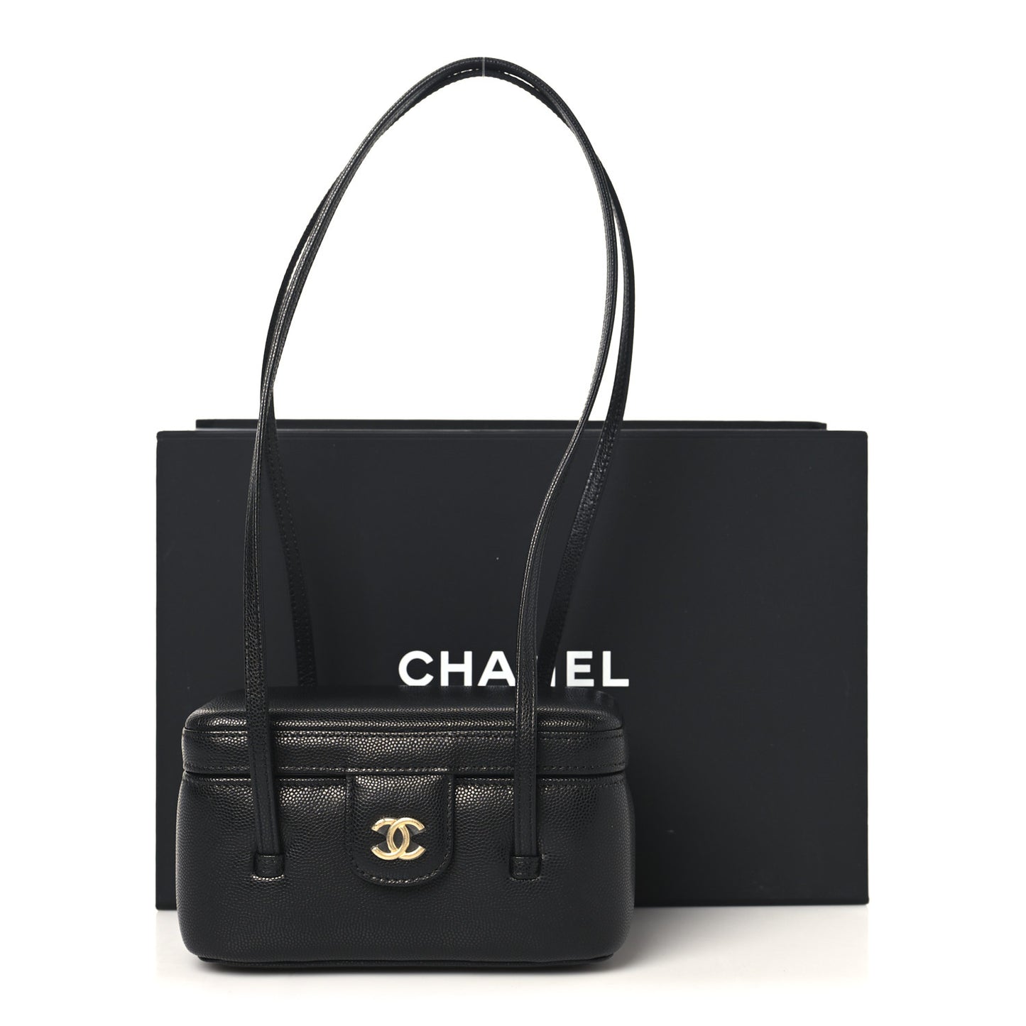 Shiny Caviar Preppy Coco Long Vanity With Strap Black