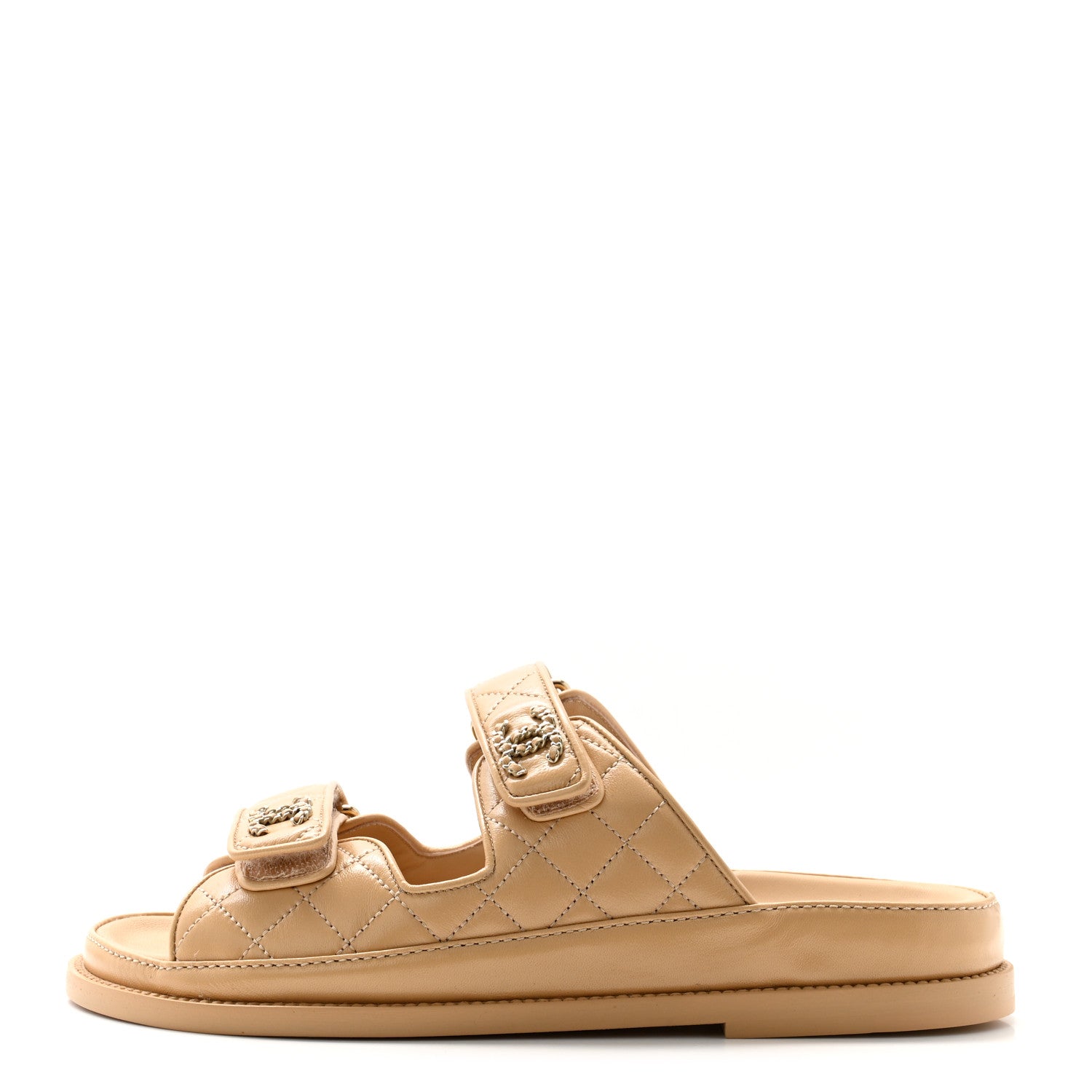 Chanel Lambskin Quilted Velcro Dad Chain CC Slide Sandals 37 Beige 1 of 9