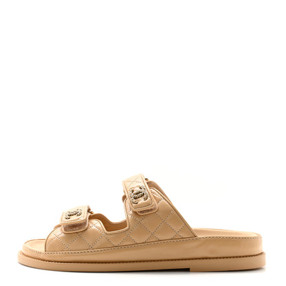 Chanel Lambskin Quilted Velcro Dad Chain CC Slide Sandals 37 Beige 1 of 9
