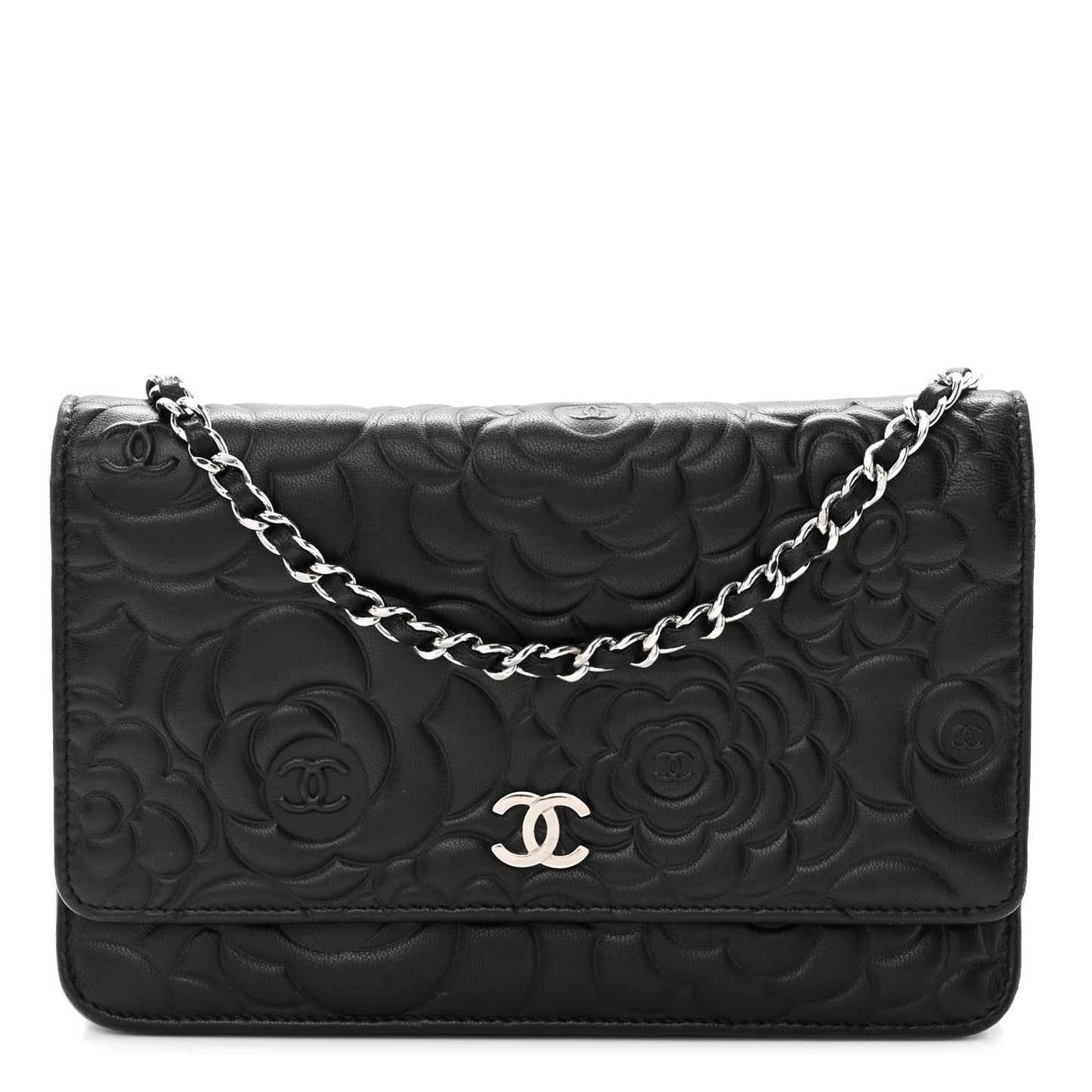 Lambskin Camellia Embossed Wallet on Chain WOC Black