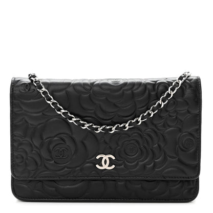 Chanel Lambskin Camellia Embossed Wallet on Chain WOC Black 1 of 12