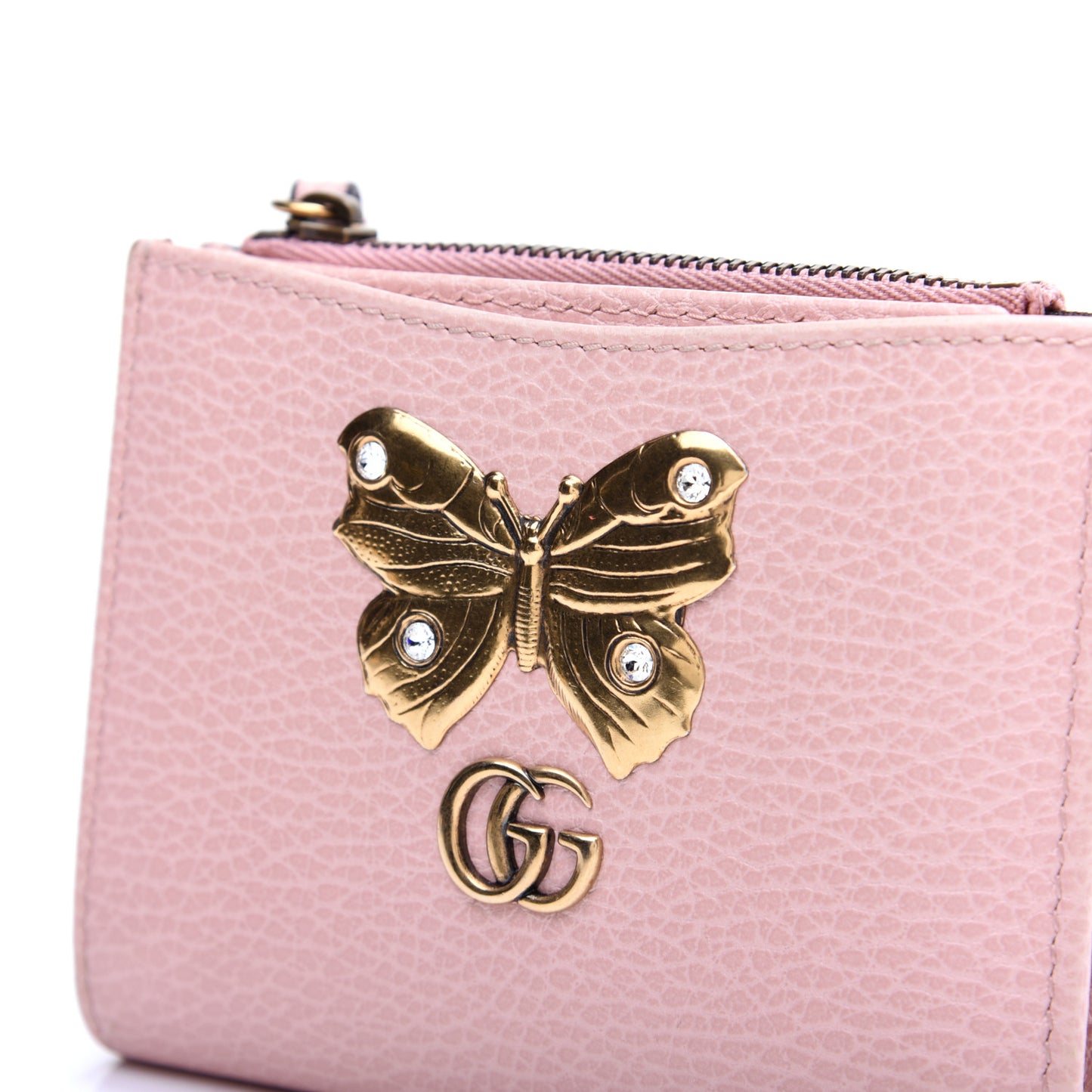 Pebbled Calfskin Butterfly Card Case Wallet Perfect Pink