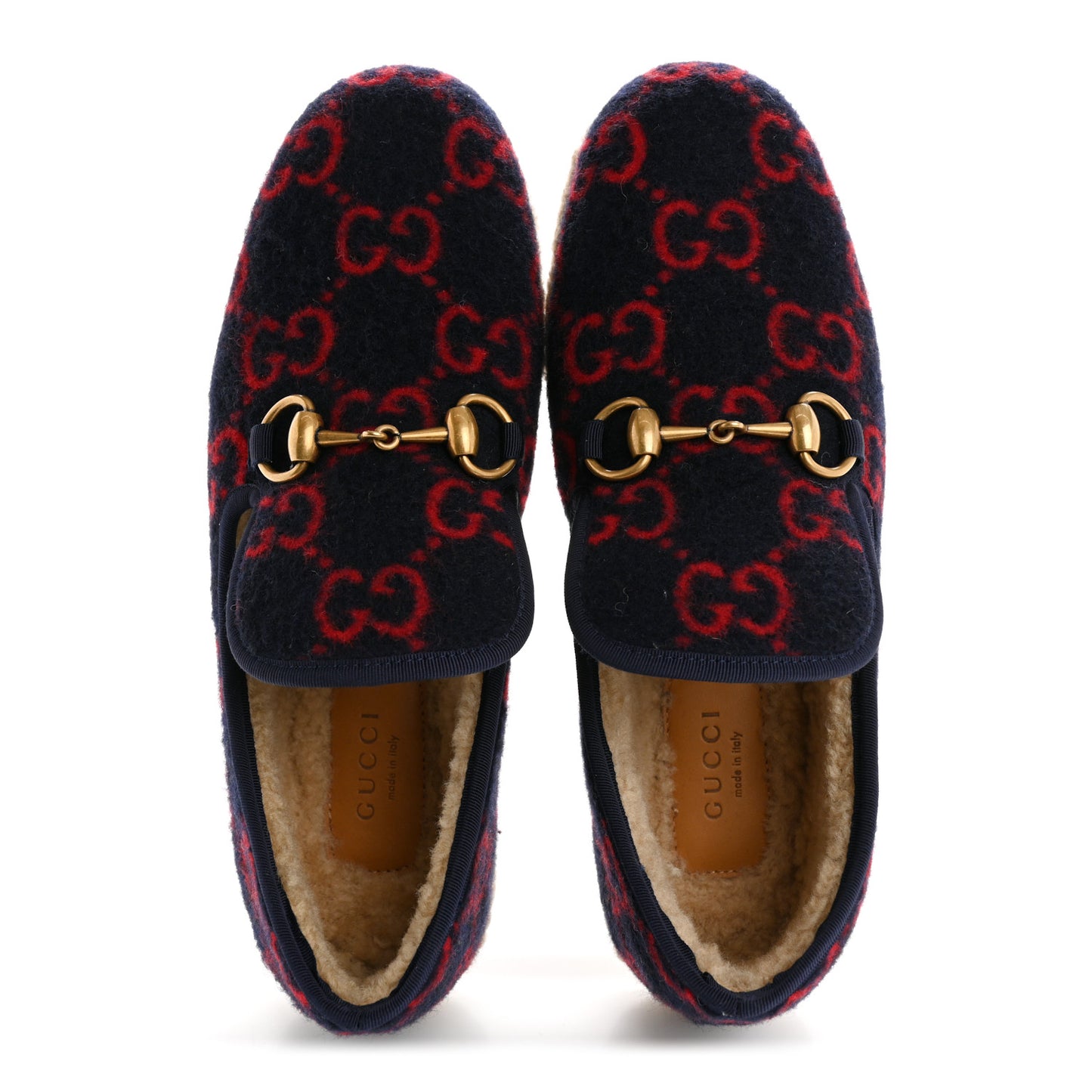 Covered Wool GG Monogram Womens Fria Horsebit Loafers 37.5 Blue Red Butterscotch