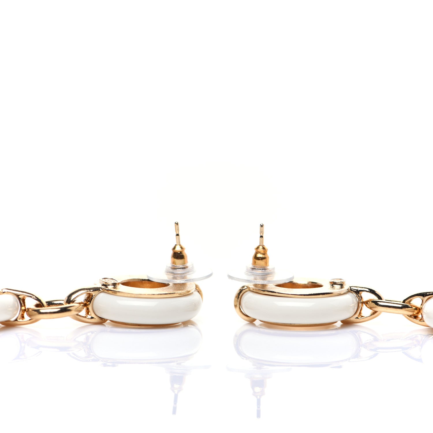Chanel Metal Resin CC Round Drop Earrings Gold White 3 of 9