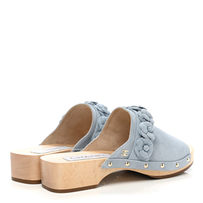 Chanel Suede Calfskin Camellia Mules 38 Light Blue 4 of 9