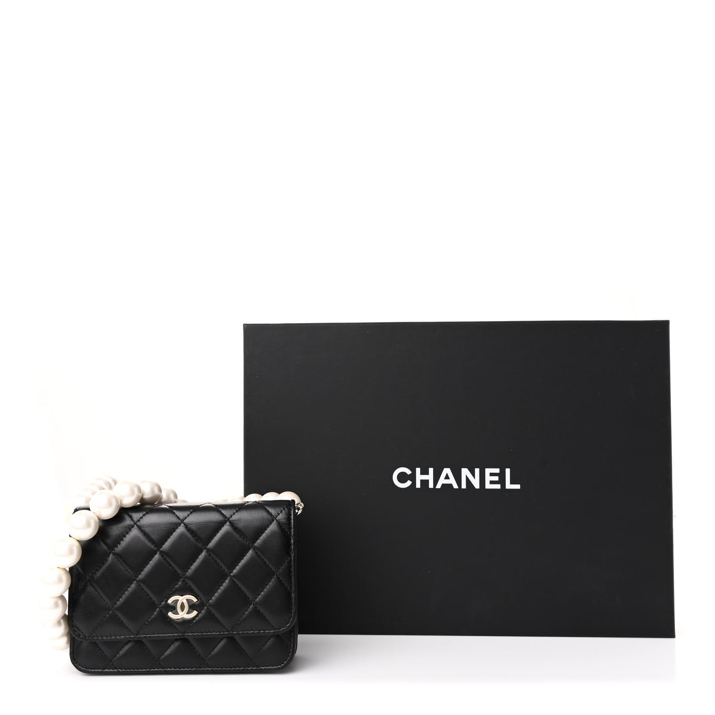 Calfskin Quilted Mini Maxi Pearls Wallet On Chain WOC Black